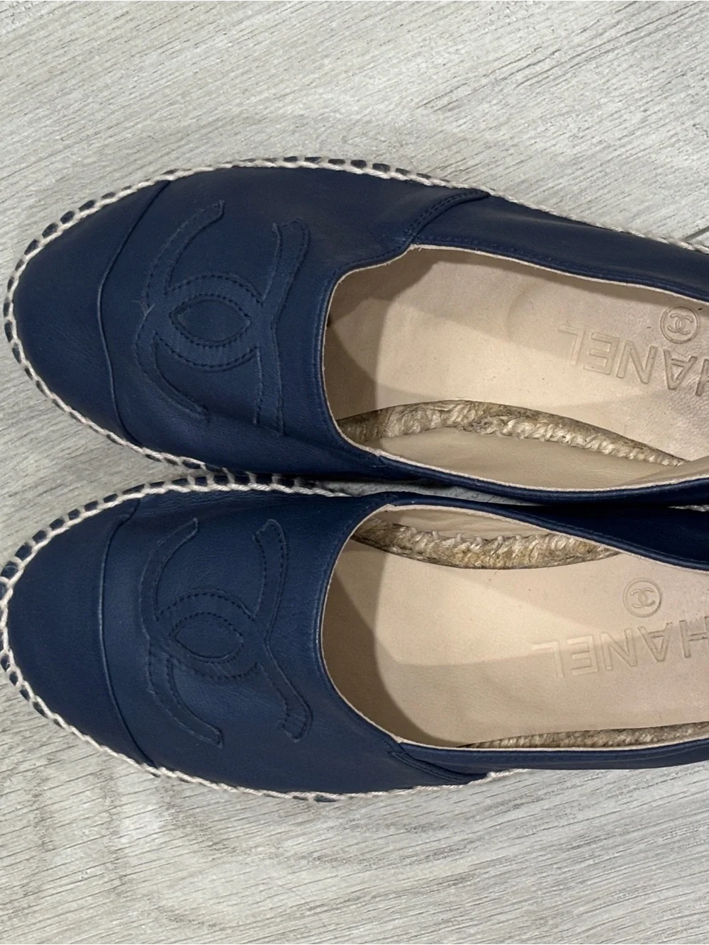 CHANEL Navy Leather Espadrille Flats